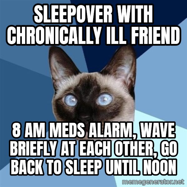 Chronic Illness Cat meme: sleepover with chronically ill friend / 8 am meds alarm, wave briefly at each other, go back to sleep until noon