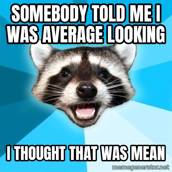Lame Pun Coon meme: Somebody told me i was average looking / i thought that was mean