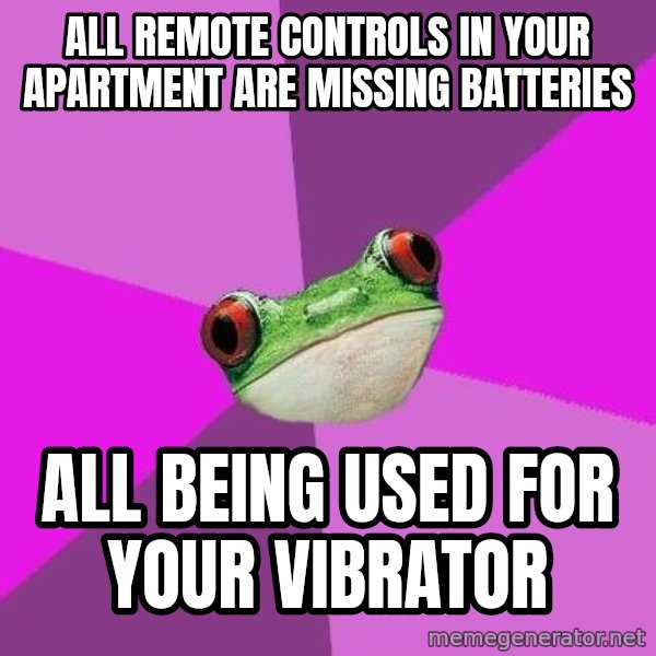 Foul Bachelorette Frog meme: all remote controls in your apartment are missing batteries / all being used for your vibrator