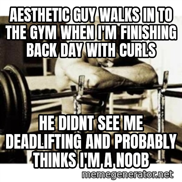 Sad Bodybuilder meme: aesthetic guy walks in to the gym when i'm finishing back day with curls / he didnt see me deadlifting and probably thinks i'm a noob