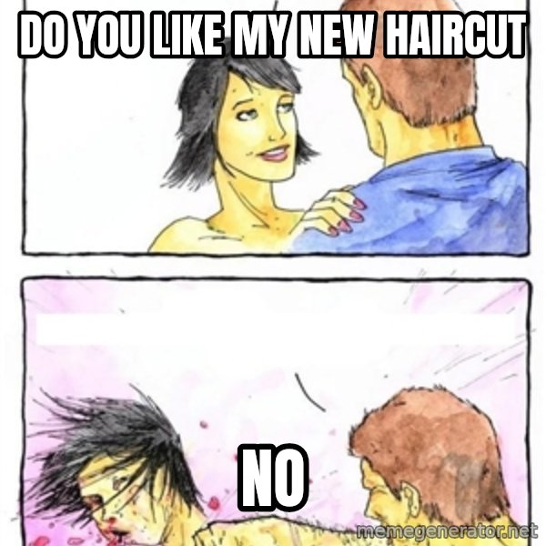 Alpha Boyfriend meme: do you like my new haircut / no