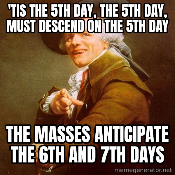Joseph Ducreux meme: 'tis the 5th day, the 5th day, must descend on the 5th day / the masses anticipate the 6th and 7th days
