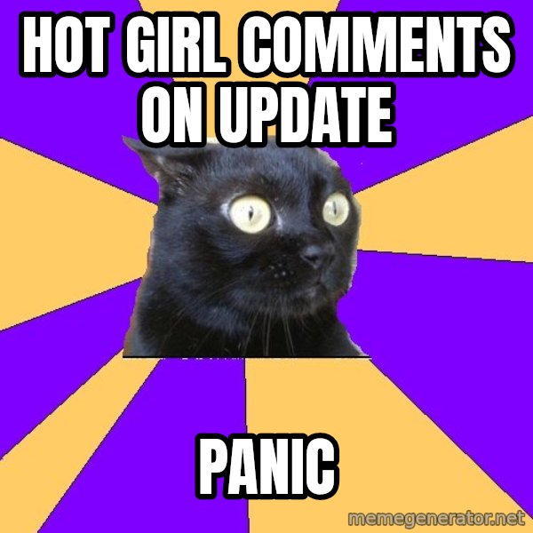 Anxiety Cat meme: hot girl comments on update / panic