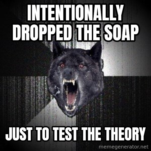 Insanity Wolf meme: Intentionally dropped the soap / Just to test the theory
