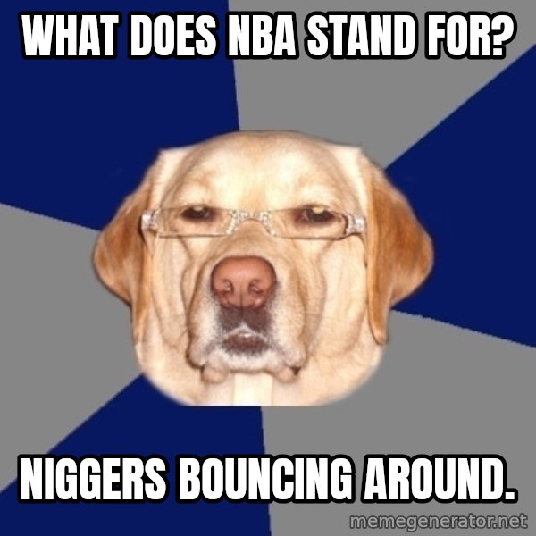 Racist Dog meme: What does nba stand for? / niggers bouncing around.