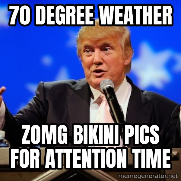 Annoying Facebook Girl meme: 70 degree weather / zomg bikini pics for attention time
