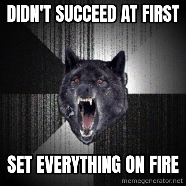 Insanity Wolf meme: DIDN'T SUCCEED AT FIRST / SET EVERYTHING ON FIRE