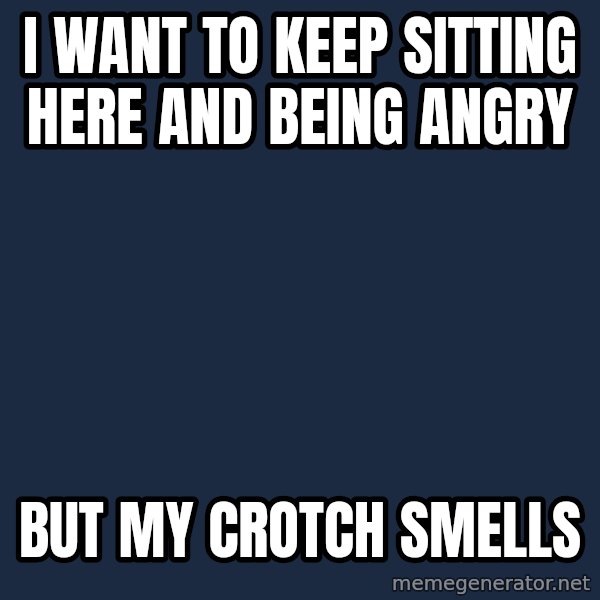 First World Problems meme: i want to keep sitting here and being angry / but my crotch smells