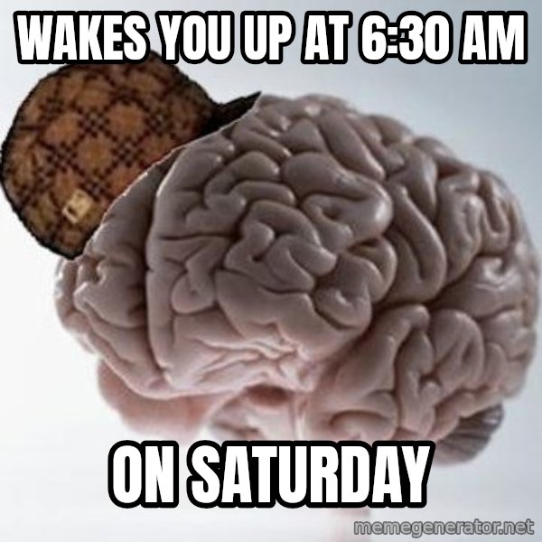 Scumbag Brain meme: WAKES YOU UP AT 6:30 AM / ON SATURDAY