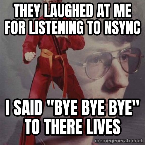 PTSD Karate Kyle meme: they laughed at me for listening to nsync / i said "bye bye bye" to there lives