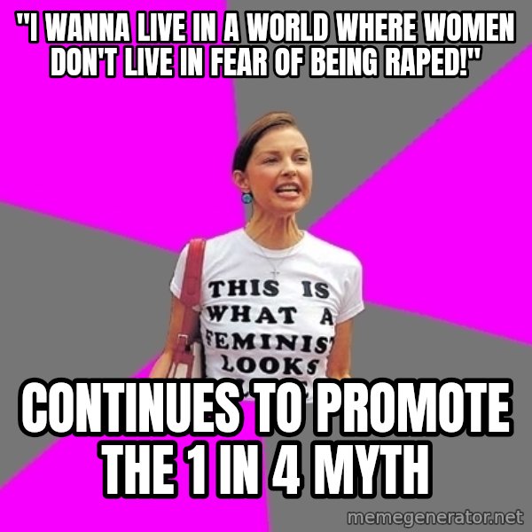 Feminist Cunt meme: "i wanna live in a world where women don't live in fear of being raped!" / continues to promote the 1 in 4 myth