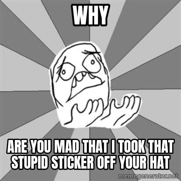 Whyyy??? meme: why / are you mAD that i took that stupid sticker off your hat