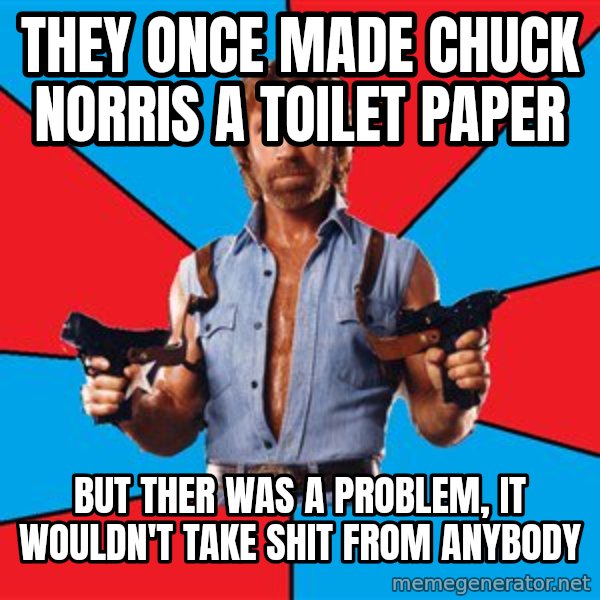 Chuck Norris  meme: they once made Chuck Norris a toilet paper / but ther was a problem, it wouldn't take shit from anybody