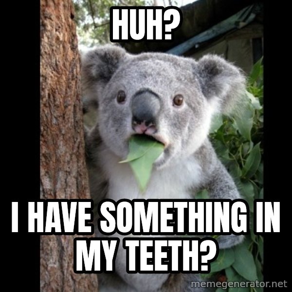 Koala can't believe it meme: huh? / I have something in my teeth?