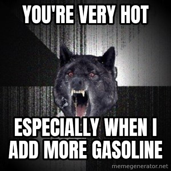 Insanity Wolf meme: You're very hot / especially when I add more gasoline