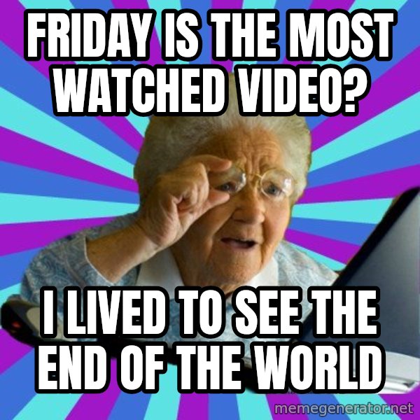 old lady meme: Friday is the most WATCHED video? / I lived to see the end of the world