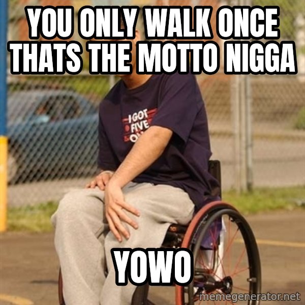 Drake Wheelchair meme: YOU ONLY WALK ONCE THATS THE MOTTO NIGGA / YOWO