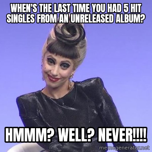 Lady Gaga meme: When's the last time you had 5 hit singles from an unreleased album? / hmmm? Well? NEVER!!!!