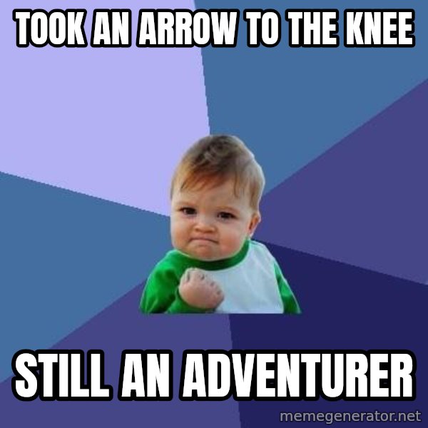 Success Kid meme: Took an arrow to the knee / still an adventurer