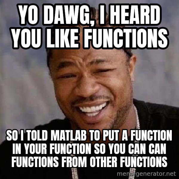 Yo Dawg meme: yo dawg, i heard you like functions / so i told matlab to put a function in your function so you can can functions from other functions