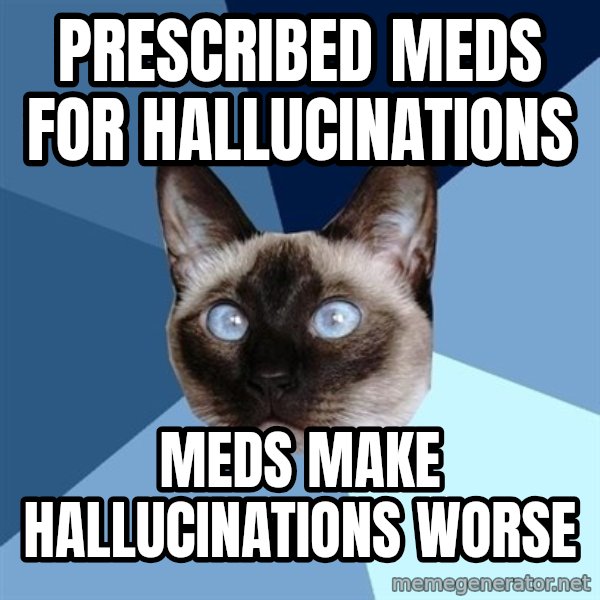 Chronic Illness Cat meme: prescribed meds for hallucinations / meds make hallucinations worse