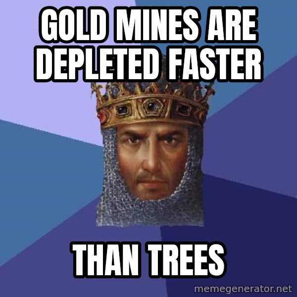 Age Of Empires meme: gold mines are depleted faster / than trees