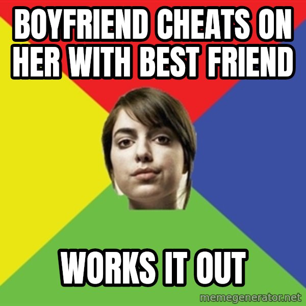 Non Jealous Girl meme: boyfriend cheats on her with best friend / works it out