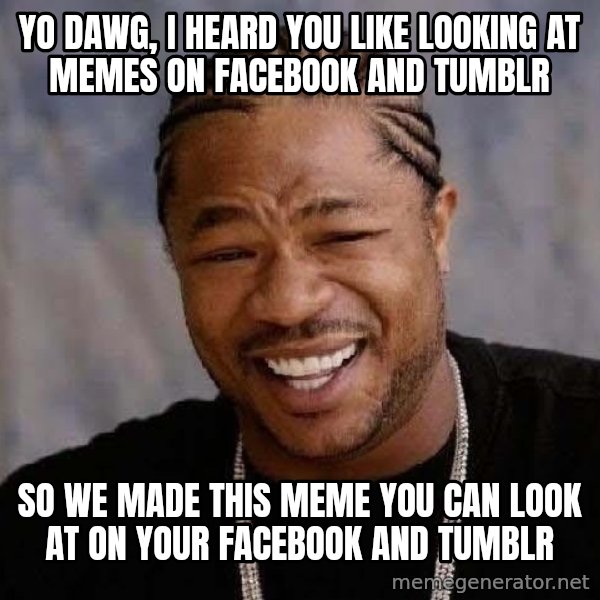 Yo Dawg meme: Yo dawg, I heard you like looking at memes on facebook and tumblr / So we made this meme you can look at on your facebook and tumblr