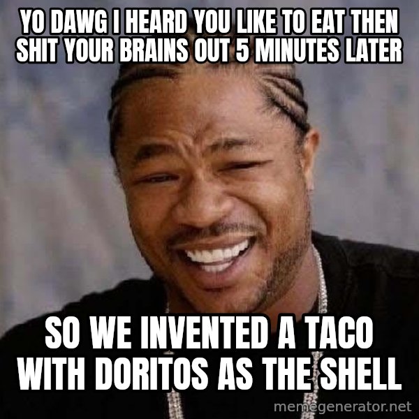 Yo Dawg meme: Yo Dawg I Heard You like to eat then shit your brains out 5 minutes later / So we invented a taco with Doritos as the shell