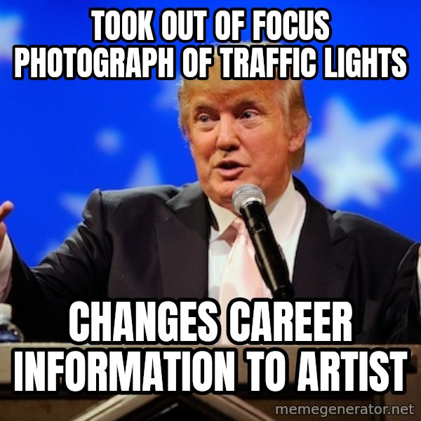 Annoying Facebook Girl meme: TOOK OUT OF FOCUS PHOTOGRAPH OF TRAFFIC LIGHTS / CHANGES CAREER INFORMATION TO ARTIST