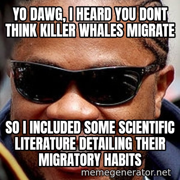 Xzibit meme: YO DAWG, I HEARD YOU DONT THINK KILLER WHALES MIGRATE / SO I INCLUDED SOME SCIENTIFIC LITERATURE DETAILING THEIR MIGRATORY HABITS