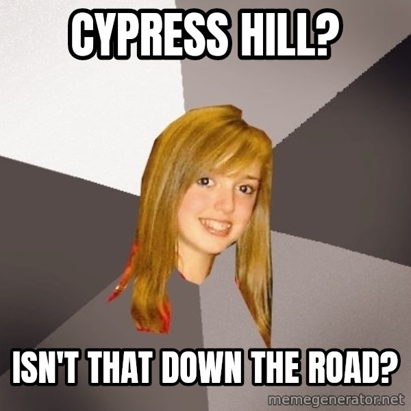 Musically Oblivious 8th Grader meme: Cypress hill? / Isn't that down the road?
