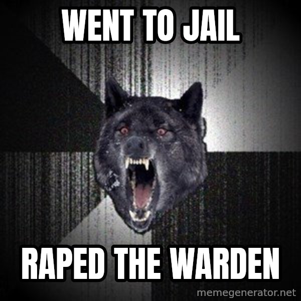 Insanity Wolf meme: Went to jail / raped the warden