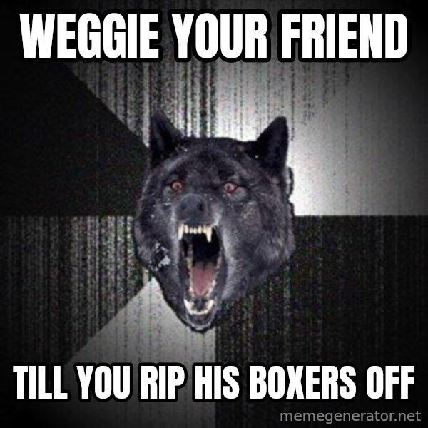 Insanity Wolf meme: Weggie your friend / till you rip his boxers off
