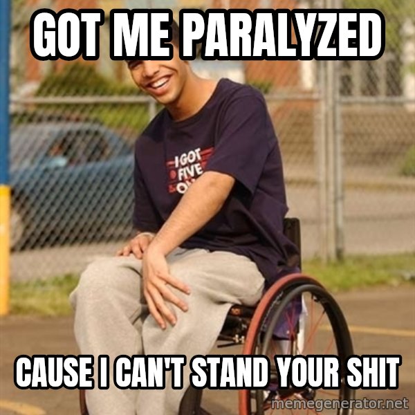 Drake Wheelchair meme: Got me PARALYZED / Cause i can't stand your shit