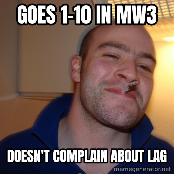 Good Guy Greg meme: goes 1-10 in MW3 / doesn't complain about lag
