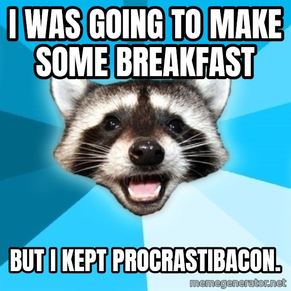 Lame Pun Coon meme: i was going to make some breakfast / but i kept procrastibacon.