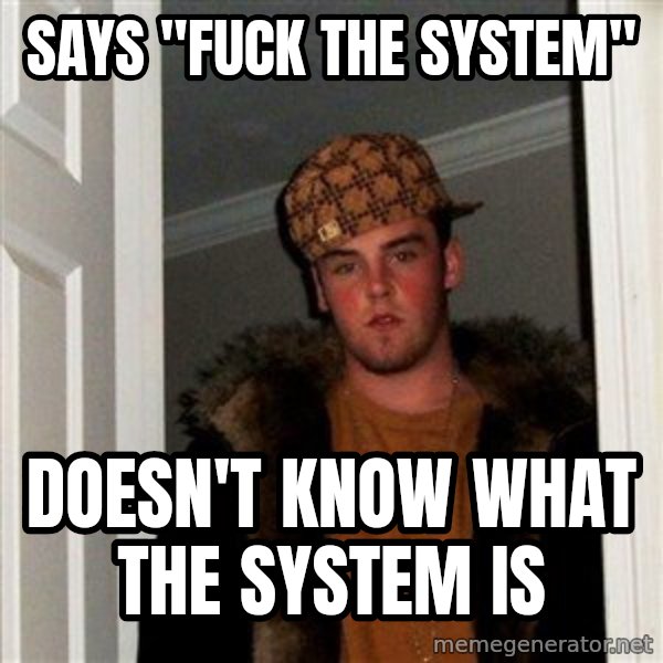 Scumbag Steve meme: Says "fuck the system" / Doesn't know what the system is