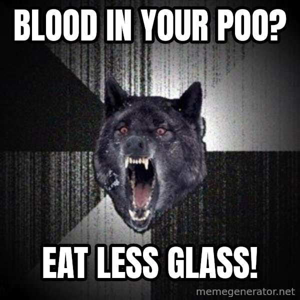 Insanity Wolf meme: blood in your poo? / eat less glass!
