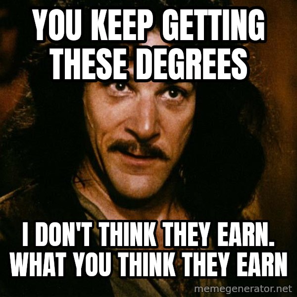 Inigo Montoya meme: You keep getting these degrees / I don't think they earn. what you think they earn