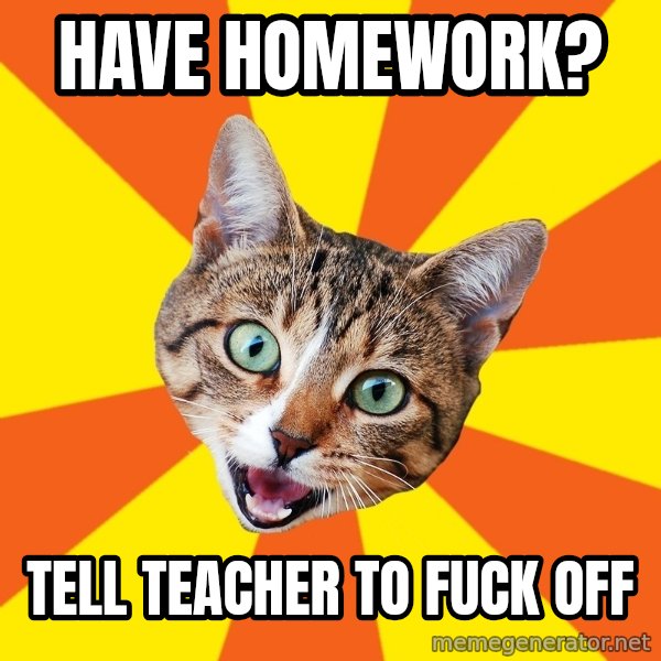 Bad Advice Cat meme: Have homework? / Tell teacher to fuck off