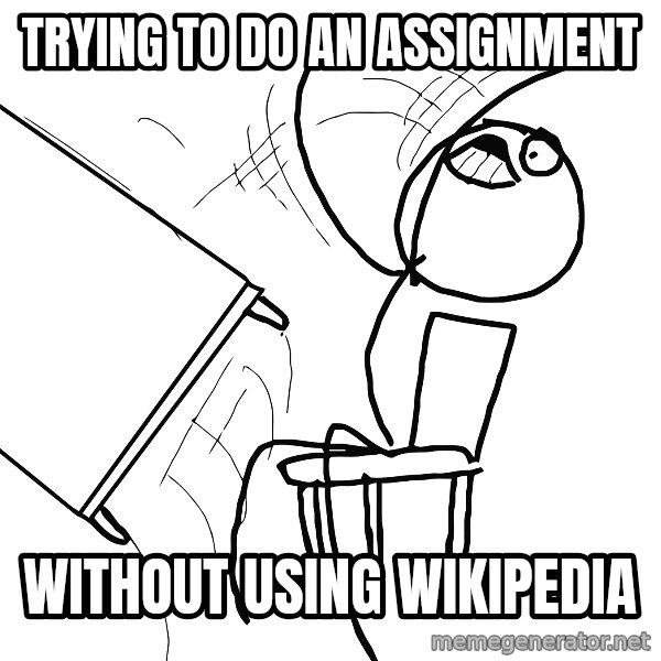 Desk Flip Rage Guy meme: trying to do an assignment / without using wikipedia