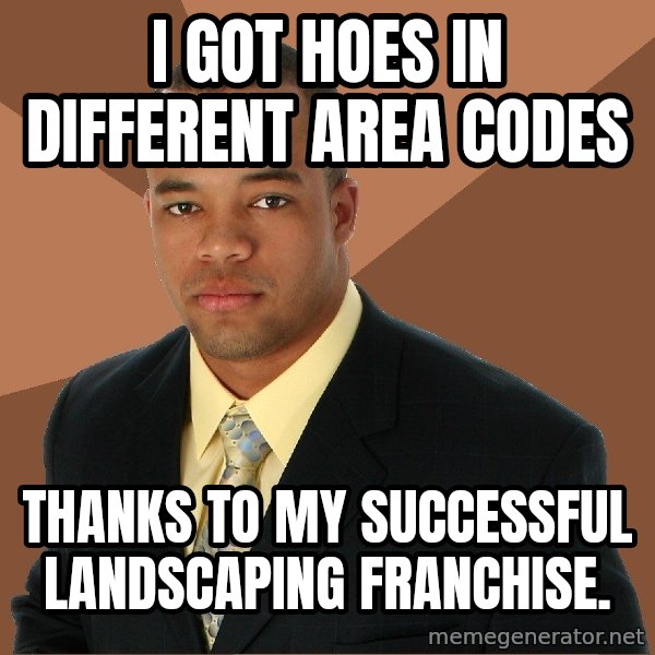 Successful Black Man meme: I got hoes in different area codes / thanks to my successful landscaping franchise.
