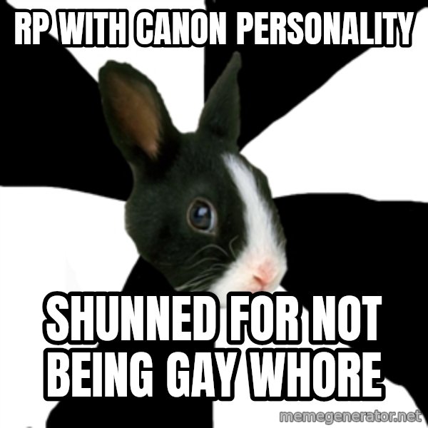 Roleplaying Rabbit meme: RP WITH CANON PERSONALITY / SHUNNED FOR NOT BEING GAY WHORE