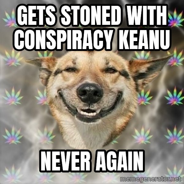Stoner Dog meme: Gets stoned with conspiracy keanu / never again