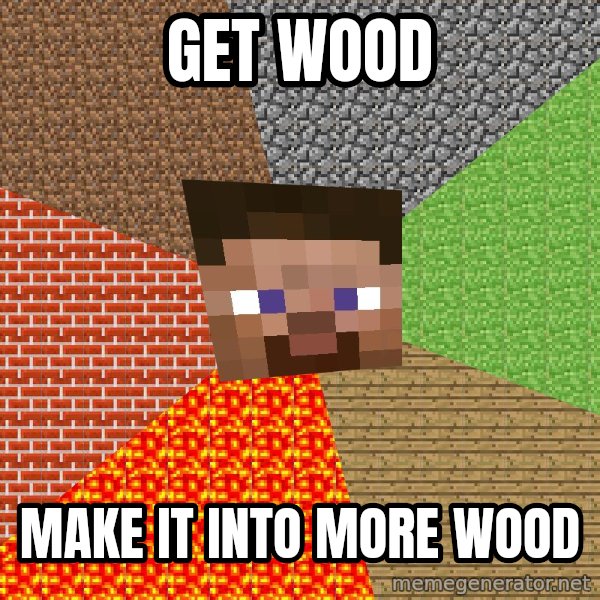 Minecraft Guy meme: GET WOOD / MAKE IT INTO MORE WOOD