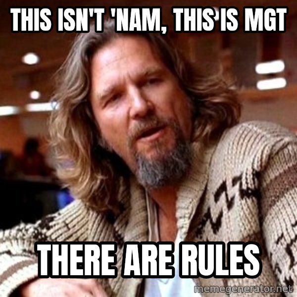 Big Lebowski meme: This isn't 'nam, this is MGT / There are rules