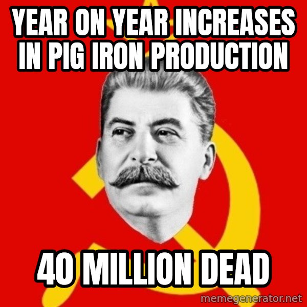 Stalin Says meme: year on year increases in pig iron production / 40 million deAD