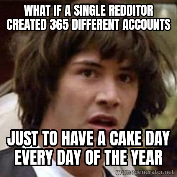 Conspiracy Keanu meme: what if a single redditor created 365 different accounts / just to have a cake day every day of the year