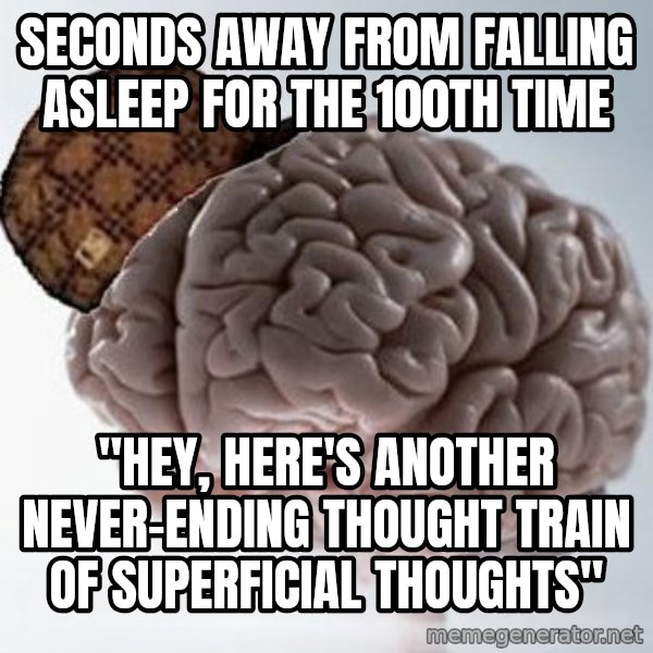Scumbag Brain meme: seconds away from falling asleep for the 100th time / "hey, here's another never-ending thought train of superficial thoughts"
